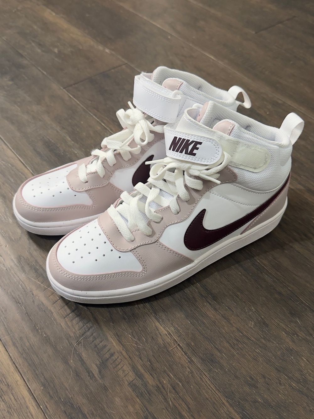 Nike Kids High-Top Sneakers - White, Light Pink & Burgundy Swoosh